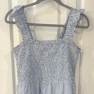 J. Crew Navy and White Seersucker Smocked Dress